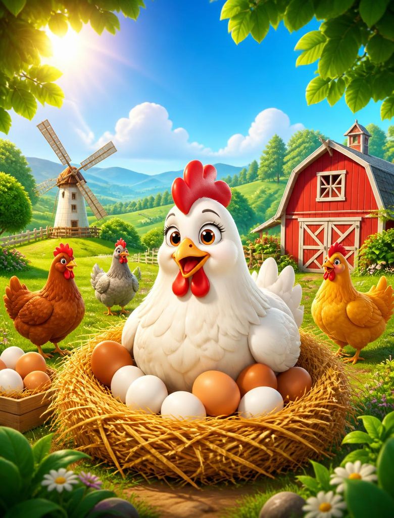 Fazenda ensolarada com galinhas, celeiro vermelho e moinho